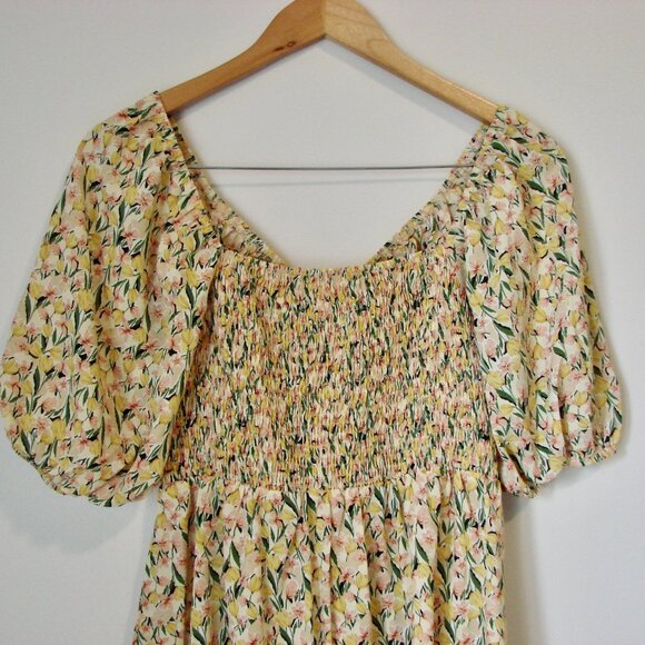Yellow Floral Midi Dress Prairie Ditsy Babydoll Ruffle Puff Sleeve Size Large - Picture 12 of 16